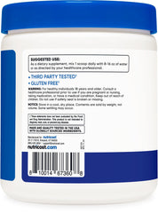 Nutricost EAA Powder bottle on counter highlights gluten-free, non-GMO formula.