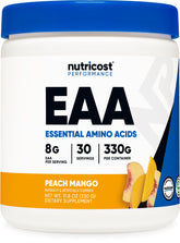 Nutricost EAA powder tub front with Peach Mango flavor for daily amino intake