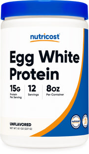 Nutricost Egg White Protein Powder bottle shows non-GMO and gluten-free ingredients for daily nutrition.