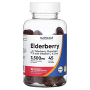 Nutricost Elderberry Gummies bottle close-up for daily wellness in gluten-free form.