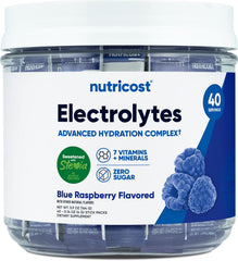 Nutricost Electrolytes Complex blue raspberry stickpack ready for on-the-go hydration.