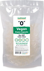 Nutricost vegan empty capsules size 0 in a clear bottle for DIY supplements.
