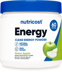 Nutricost Energy Complex Green Apple tub close-up showing label and flavor profile