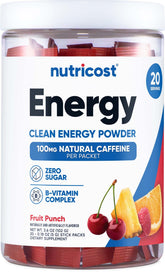 Nutricost Energy Complex Stickpack fruit punch in glass shows refreshing energy boost without sugar