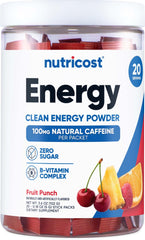 Nutricost Energy Complex Stickpack fruit punch in glass shows refreshing energy boost without sugar