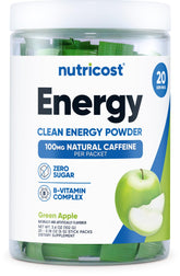 Nutricost Energy Complex Stickpack with green apple in a glass for a refreshing energy boost.