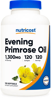 Nutricost Evening Primrose Oil 1300mg bottle highlighting non-GMO and gluten-free daily wellness