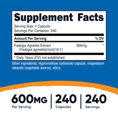 Close-up of Nutricost Fadogia Agrestis capsules showing 600 mg potency for performance goals.