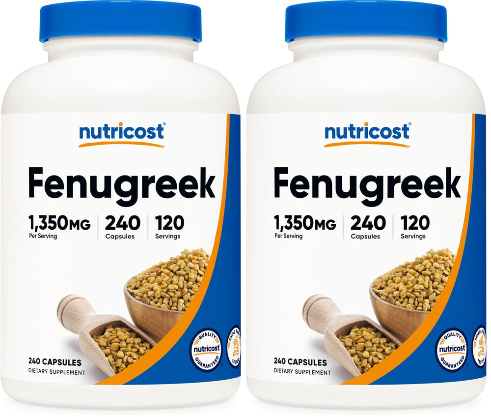 Nutricost fenugreek seed bottle showing 675 mg per capsule and 1350 mg per serving