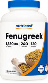 Nutricost fenugreek-seed bottle-front displays gluten-free formulation for daily supplementation.