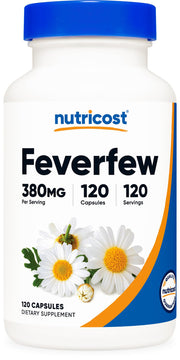 Nutricost Feverfew frasco con cápsulas, fácil de incorporar en la rutina diaria.