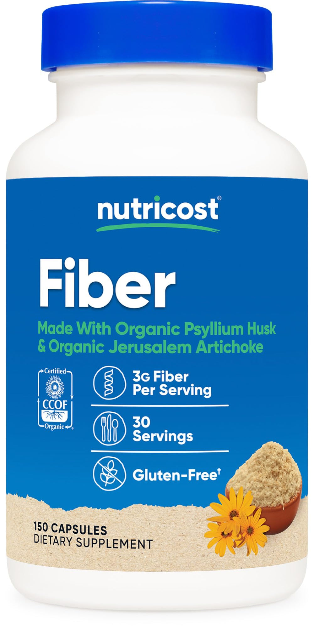 Nutricost Fiber Capsules bottle label highlighting organic psyllium husk and prebiotic fiber.