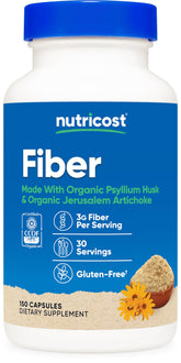 Nutricost Fiber Capsules bottle label highlighting organic psyllium husk and prebiotic fiber.