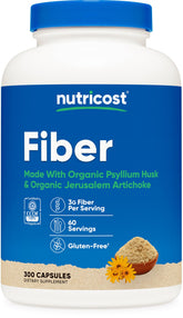 Nutricost Fiber Capsules bottle featuring organic psyllium husk for daily fiber