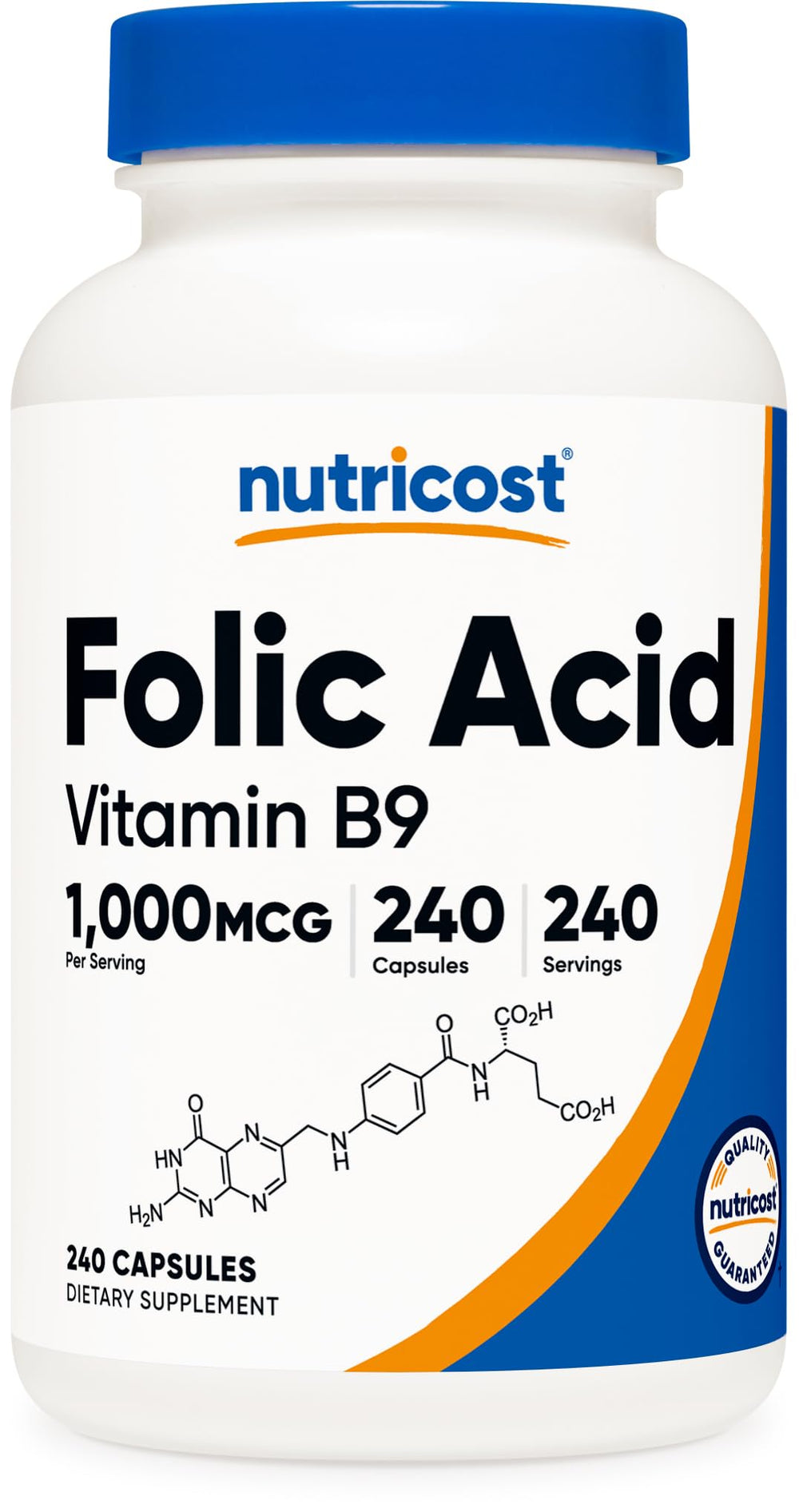 Nutricost Folic Acid 1000 mcg bottle front for daily use