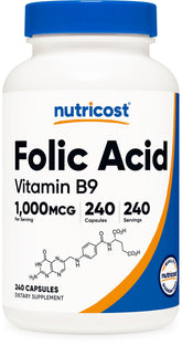 Nutricost Folic Acid 1000 mcg bottle front for daily use