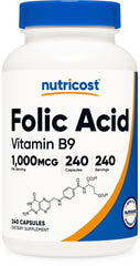 Nutricost Folic Acid 1000 mcg bottle front for daily use