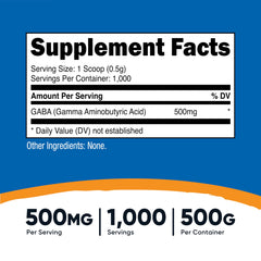 Nutricost GABA powder close-up reveals fine texture and 500mg serving scoop.