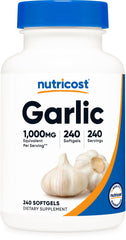 Nutricost Garlic 1000mg softgels bottle front view for odorless daily supplementation.