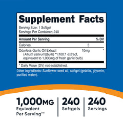 Nutricost garlic softgels back label displays dosage information and gluten-free, non-GMO details.