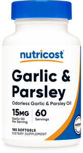 Nutricost Garlic Parsley Oil bottle pour for easy daily use.