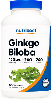 Nutricost Ginkgo Biloba 120mg bottle front with 240 capsules for daily use
