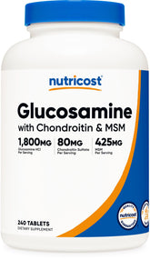 Nutricost Glucosamine bottle label shows 1800mg dosage for daily use.