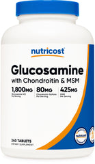 Nutricost Glucosamine bottle label shows 1800mg dosage for daily use.