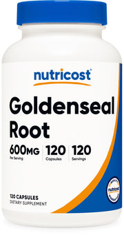 Nutricost Goldenseal root bottle front showing 600mg potency for daily use.
