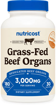 Nutricost Grass Fed Beef Organs bottle front showing 180 capsules for daily nutrition