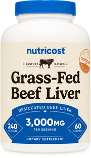 Nutricost grass-fed beef liver capsules front view for daily supplementation.