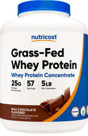 Nutricost Grass-Fed Whey Chocolate bottle close-up for high-quality shakes.