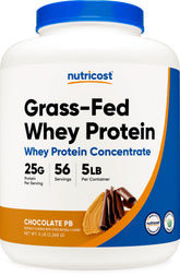 Nutricost Grass-Fed Whey Protein Concentrate chocolate peanut butter tub provides convenient protein.