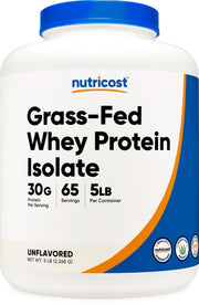 Nutricost Grass-Fed Whey Protein Isolate bottle highlights pure isolate quality for shakes.