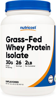 Nutricost grass-fed whey protein isolate bottle ready for post-workout use