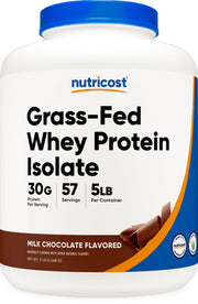 Nutricost grass-fed whey protein isolate chocolate bottle front for post-workout recovery