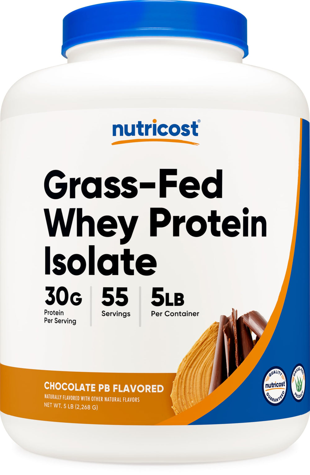 Nutricost Grass-Fed Whey Protein Isolate powder in Chocolate Peanut Butter flavor, ideal for post-workout shakes.