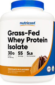 Nutricost Grass-Fed Whey Protein Isolate powder in Chocolate Peanut Butter flavor, ideal for post-workout shakes.