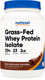 Nutricost Grass-Fed Whey Protein Isolate chocolate tub front for protein shakes