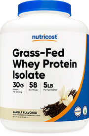 Nutricost Grass-Fed Whey Protein Isolate Vanilla bottle highlights premium quality.