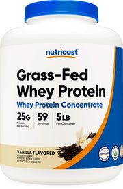 Nutricost Grass-Fed Whey Vanilla concentrate bottle highlighting high-protein nutrition.