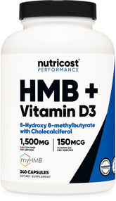 Nutricost HMB and D3 bottle front view for daily use