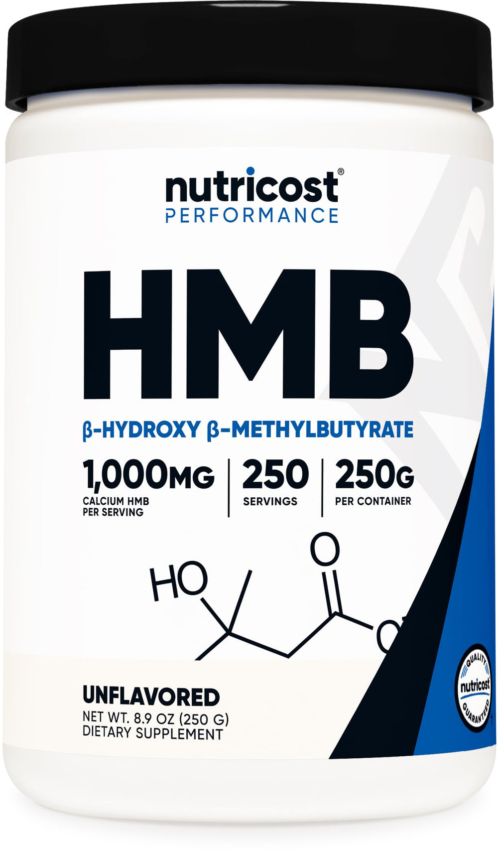Nutricost HMB Powder bottle shows gluten-free, non-GMO training supplement.