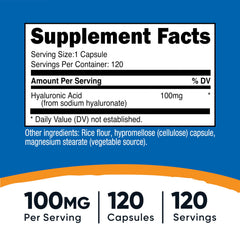 Close-up of 100 mg per capsule highlighting the Hyaluronic Acid strength.