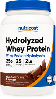 Nutricost hydrolyzed whey protein chocolate tub for smooth post-workout recovery.
