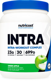 Nutricost intra workout powder green apple bottle with quick intra-workout energy boost.