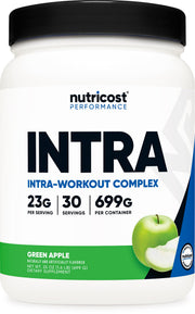 Nutricost intraentrenamiento polvo manzana verde en botella, ideal para energía durante entrenos.