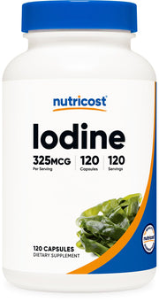 Nutricost Iodine bottle with natural sea kelp, 325mcg per capsule, for everyday support.