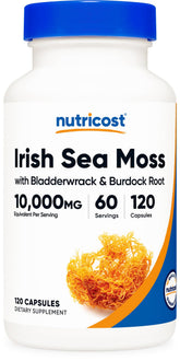 Nutricost Irish Sea Moss Extract bottle emphasizes 60 servings for daily wellness support.