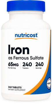 Nutricost Iron 65 mg ferrous sulfate bottle on countertop for daily use